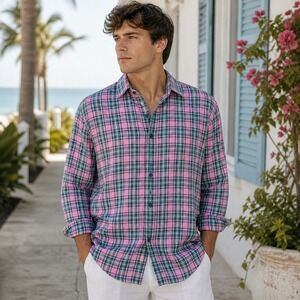 Jared Lang Mens Linen Shirt  XL Pink Plaid Button Up Coastal Altered to size L